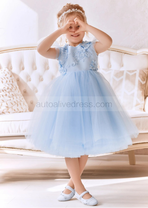 Feifei Sleeves Sky Blue Tulle Floral Flower Girl Dress